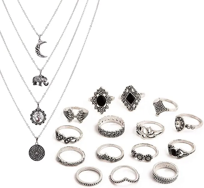 TOPWAYS® Boho Style Vintage Punk including Multi layer Long Necklace and Women Joint Knuckle Retro Ring Set Plated Silver 15PCS